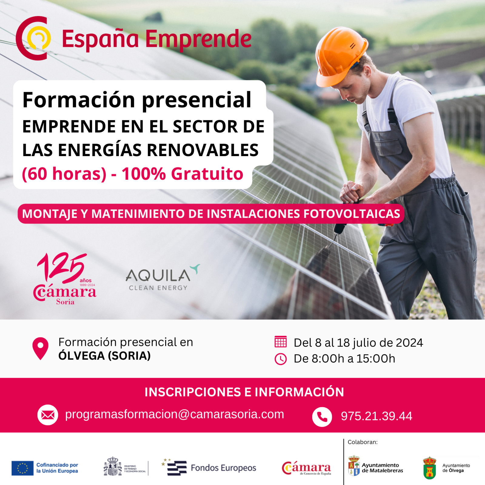 La Cámara organiza un curso presencial gratuito de montaje y mantenimiento de instalaciones fotovoltaicas dentro del programa España Emprende